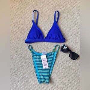 Blue Bikini Top and Striped Bottom Set